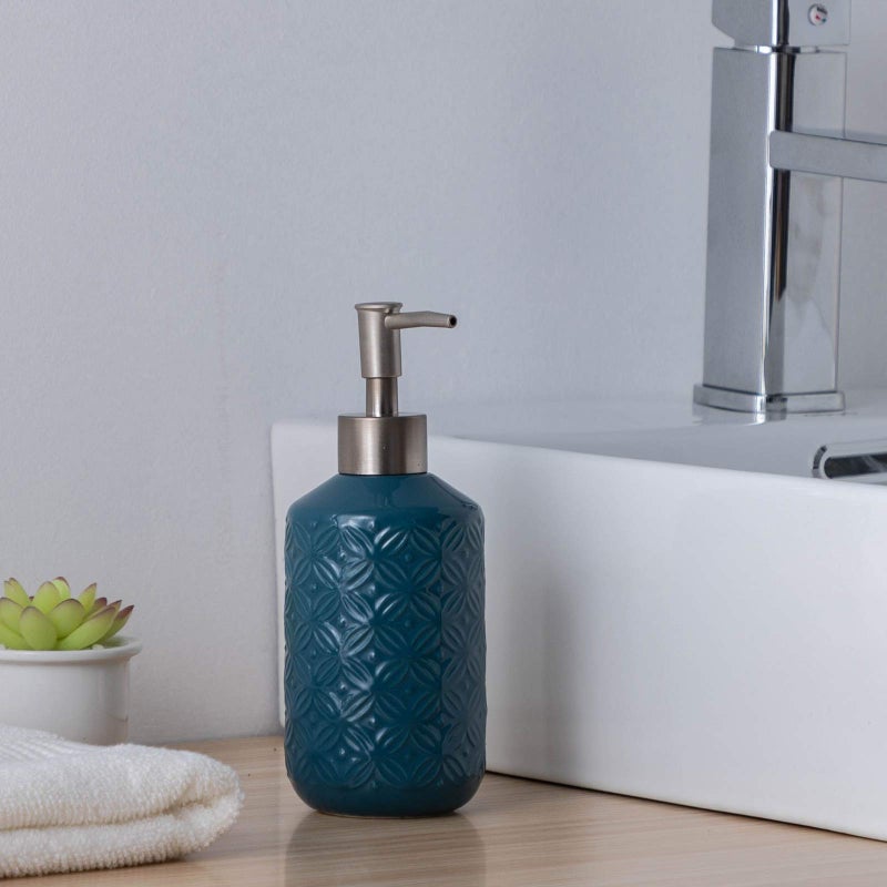 FE FUN ELEMENTS FE Soap Dispenser, 13.5oz Ceramic Soap Dispenser with Vintage Emboss Design, Refillable for Kitchen & Bathroom (Blue) - Image 5